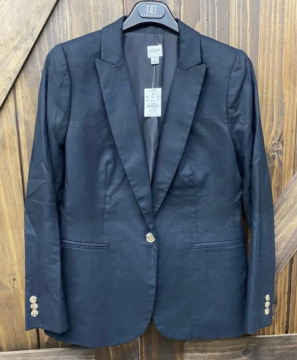 NEW Women J. Crew Linen-Blend 1-Button solid black suit jacket blazer, 8